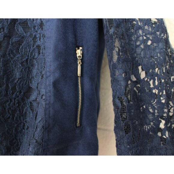 Chico's 1 M 8 10 Navy Blue Sheer Lace 3/4 Sleeves Open Front Zip Pockets Jacket - Picture 4 of 10